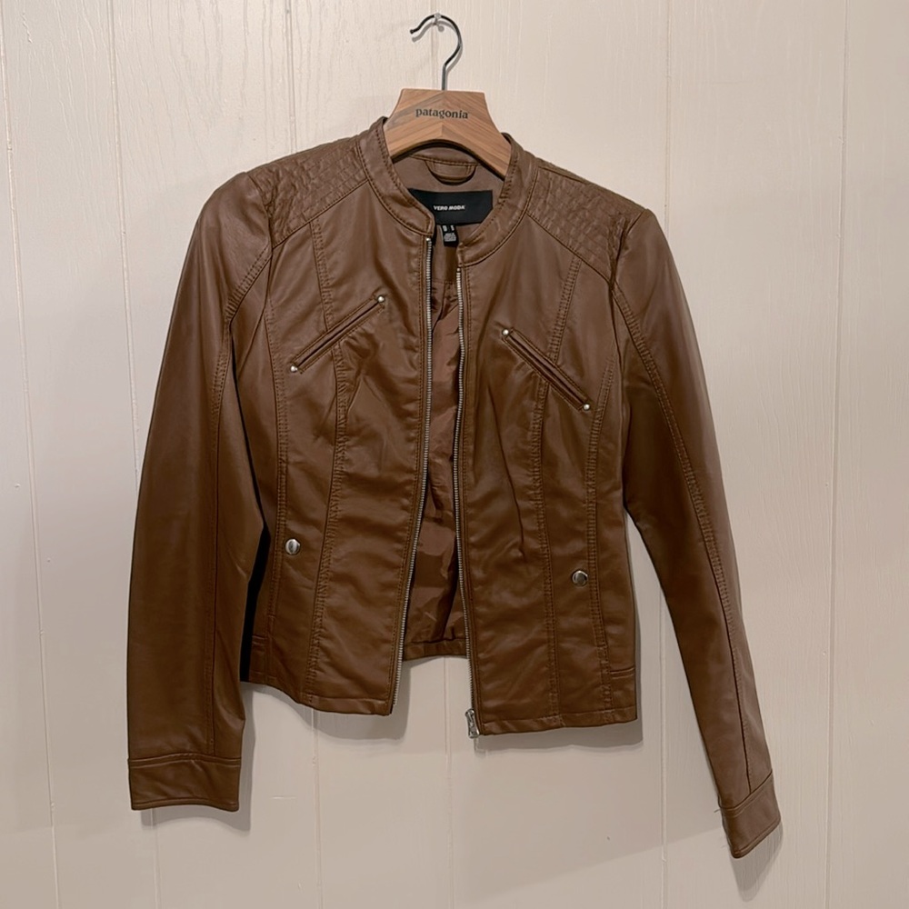 Brown faux leather women’s blazer jacket